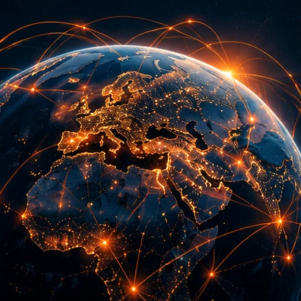Illuminated world globe showing global connections